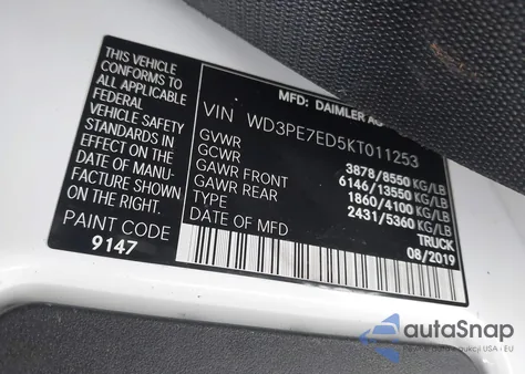 2019 Mercedes-Benz Sprinter 1500 from USA, damaged, VIN WD3PE7ED5KT011253